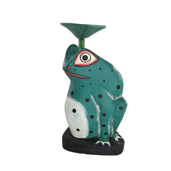 Vintage Wood Carved Frog Leaf Umbrella Folk Art Hand Painted - Picture 4 of 10